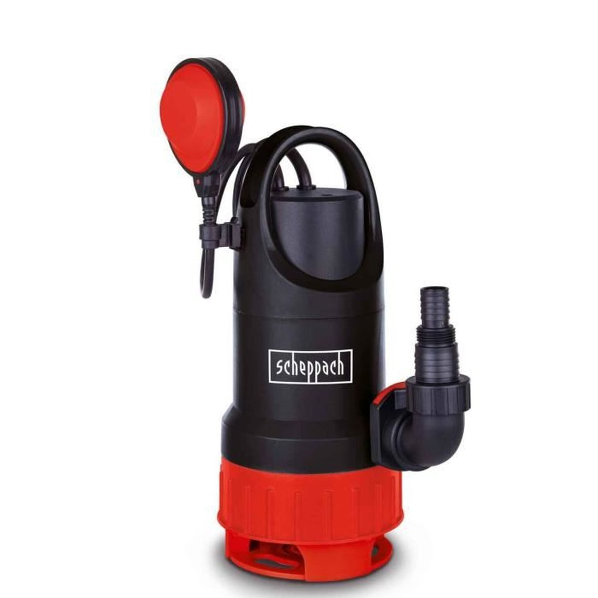 Schwarze und rote Tauchpumpe mit Griff, Düse und Markennamen.