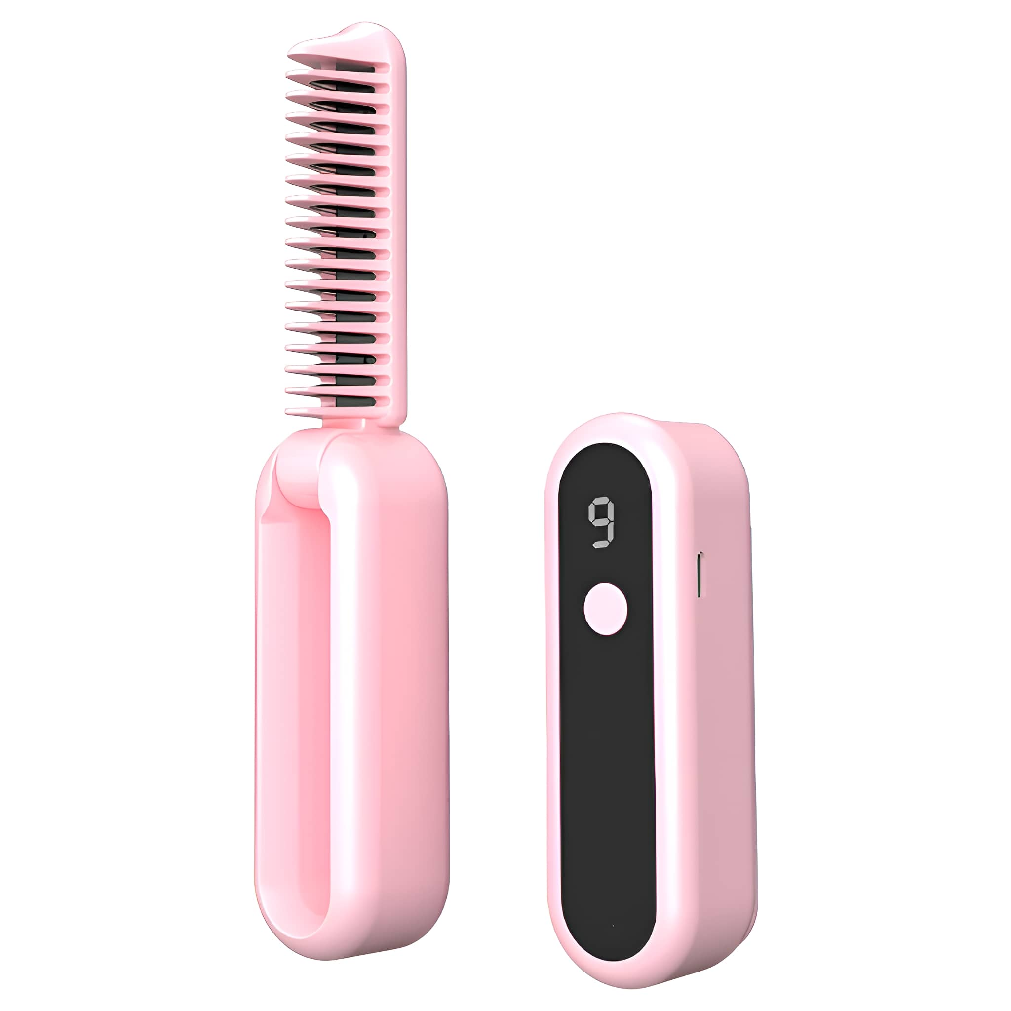 Ein rosa Haarglätter mit Kamm und digitaler Steuerung mit der Zahl 9 auf dem Display.