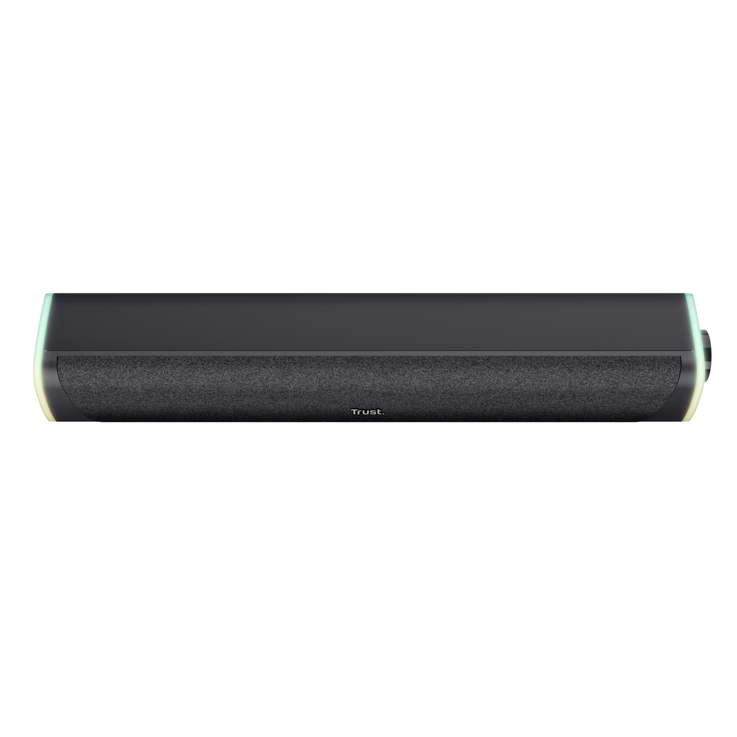 Schwarze Soundbar mit Trust-Logo, dunkelgrauem Stoff und schwarzem Hintergrund.