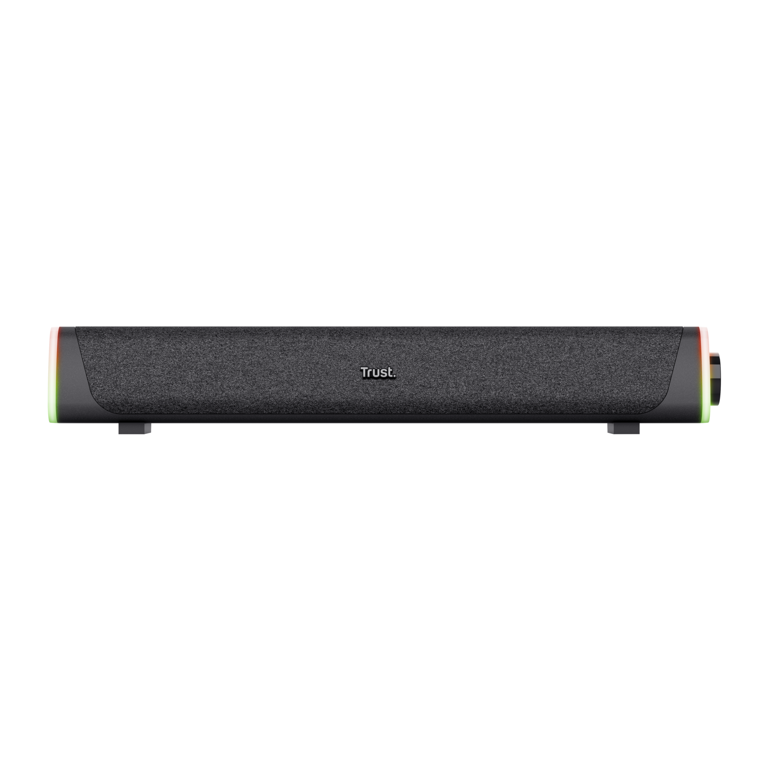 Schwarze Soundbar mit Trust-Logo. Sie hat rote und grüne Lichter an den Seiten.