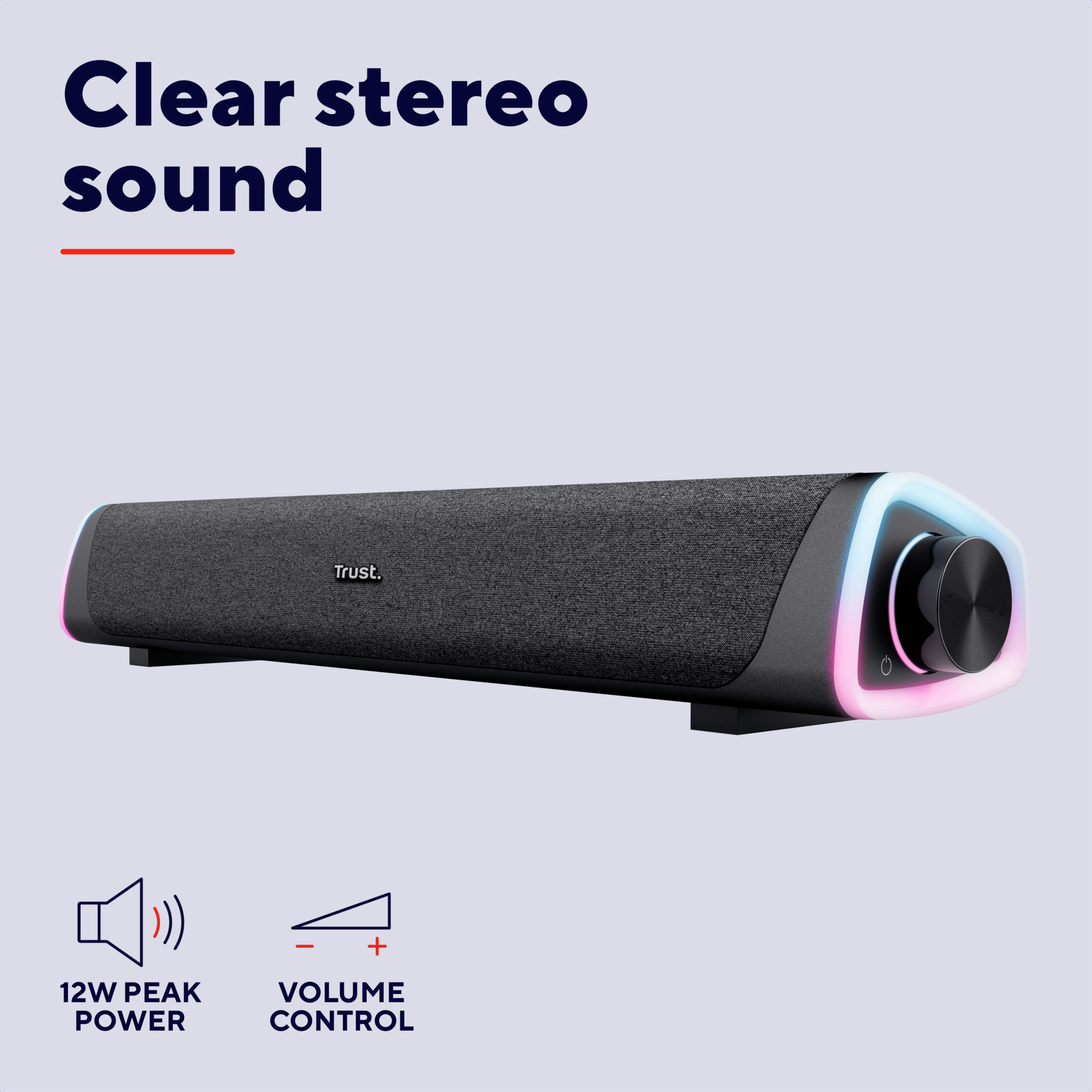 Schwarze Soundbar mit grauem Stoffbezug und Lautstärkeregelung, mit bunten Lichtern.