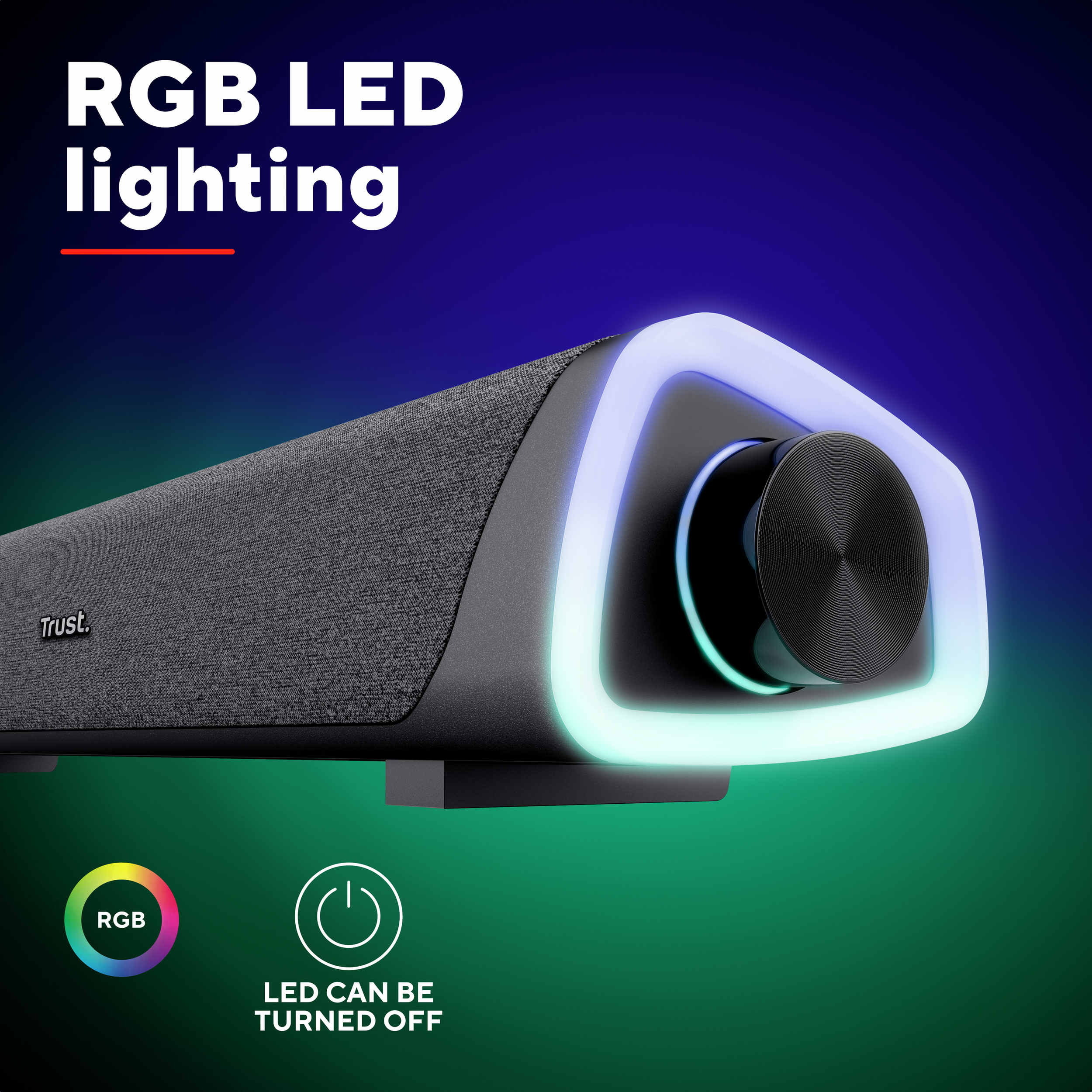 Schwarze Soundbar mit RGB-LED-Beleuchtung und einem Lautstärkeregler. Text sagt: "RGB-LED-Beleuchtung."
