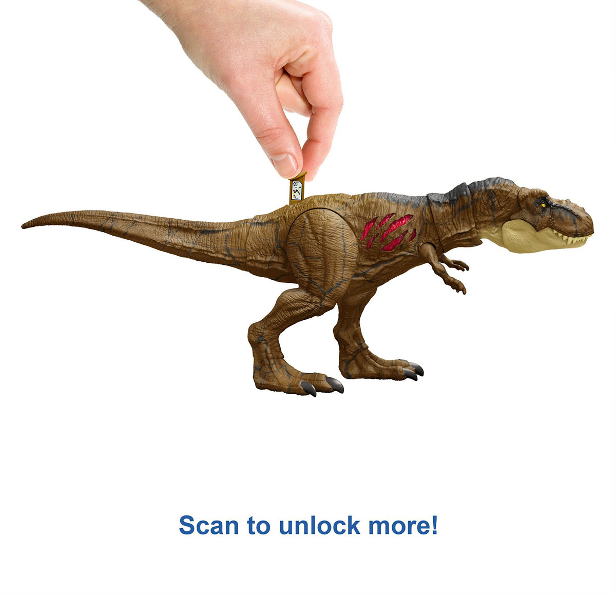 Brązowa zabawka T-Rex z ręką trzymającą kartę nad nią, na białym tle. Tekst: Zeskanuj, aby odblokować więcej!