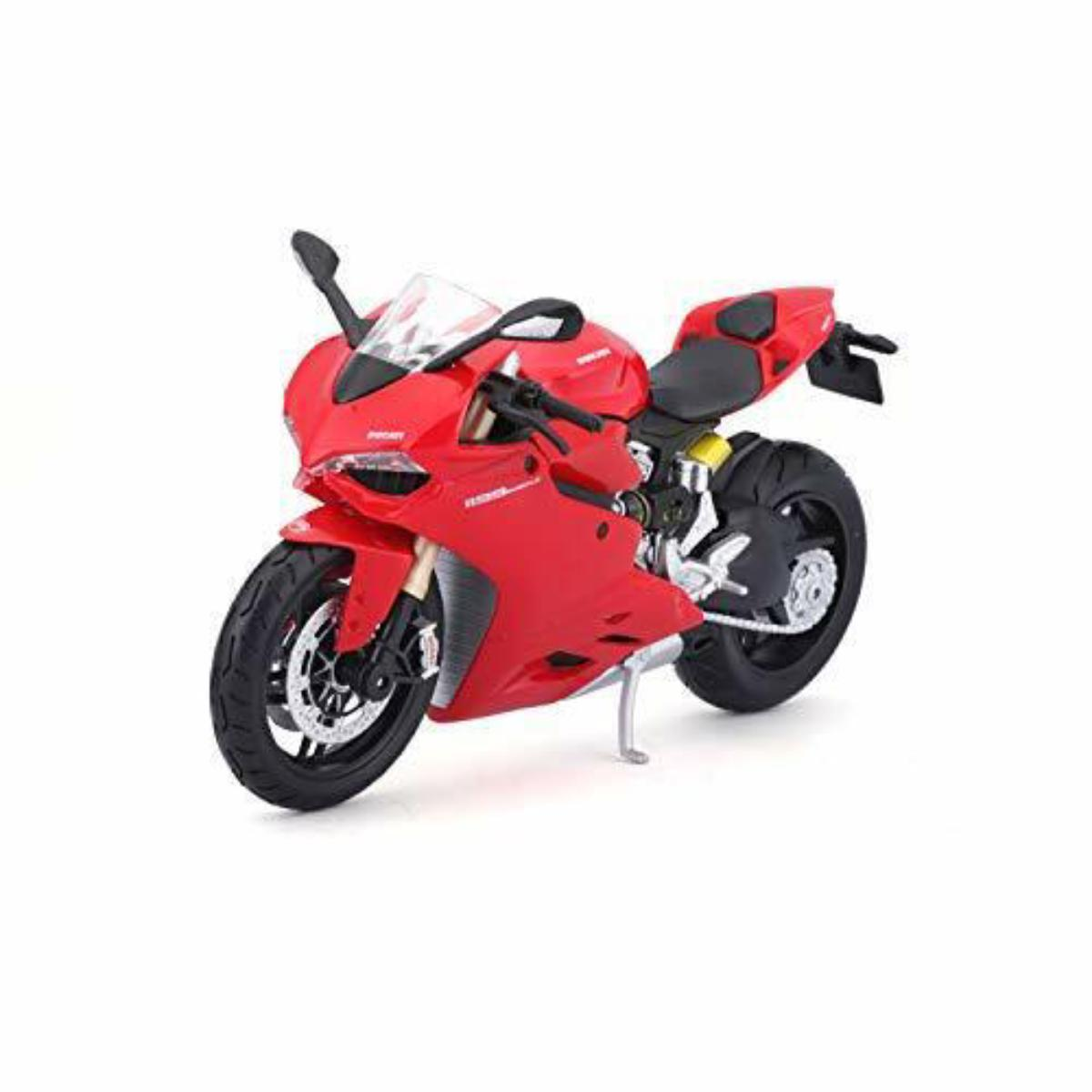 Ein rotes Ducati Motorradmodell. Das Motorrad steht auf weißem Hintergrund.