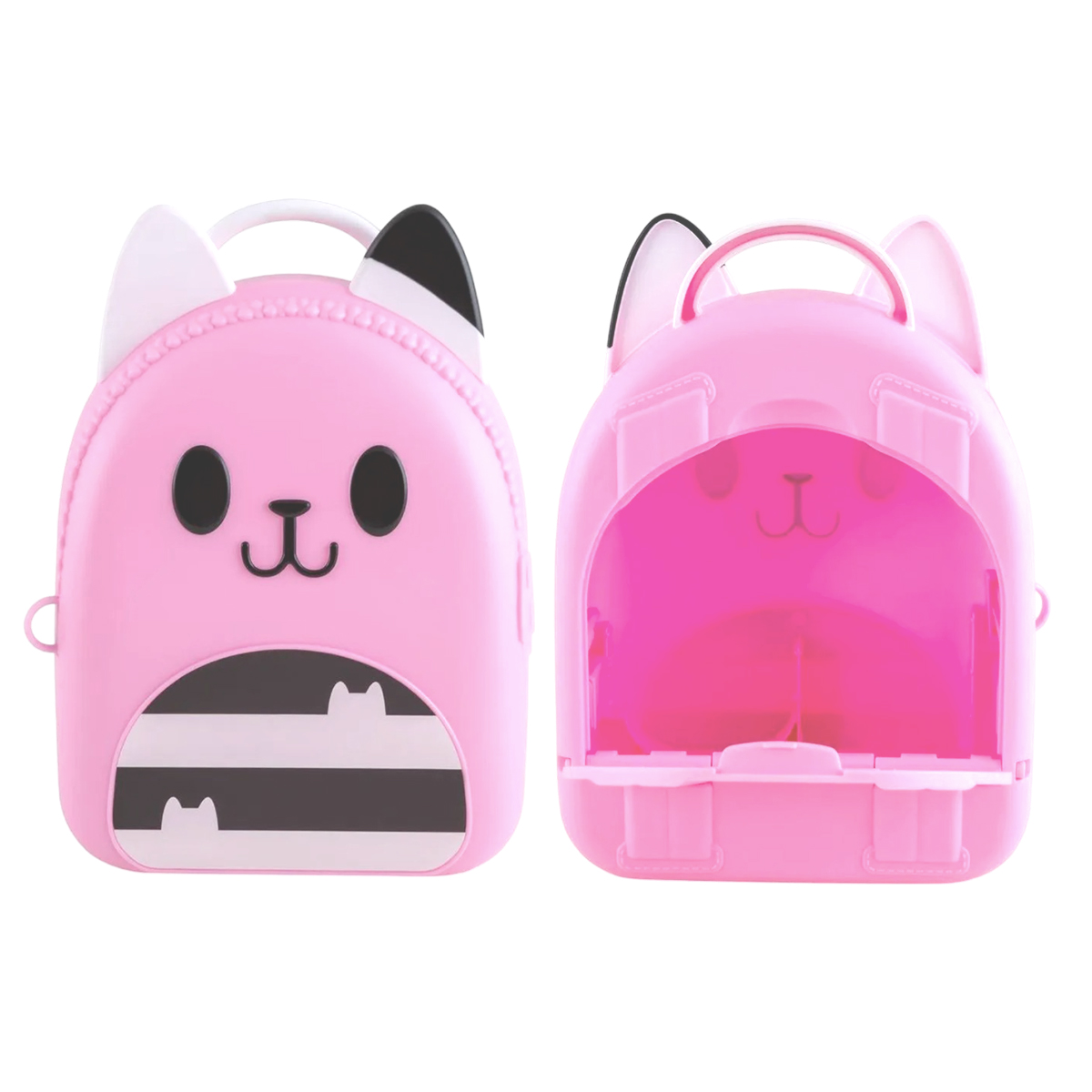 Due zaini rosa a forma di gatto, uno aperto, uno chiuso.