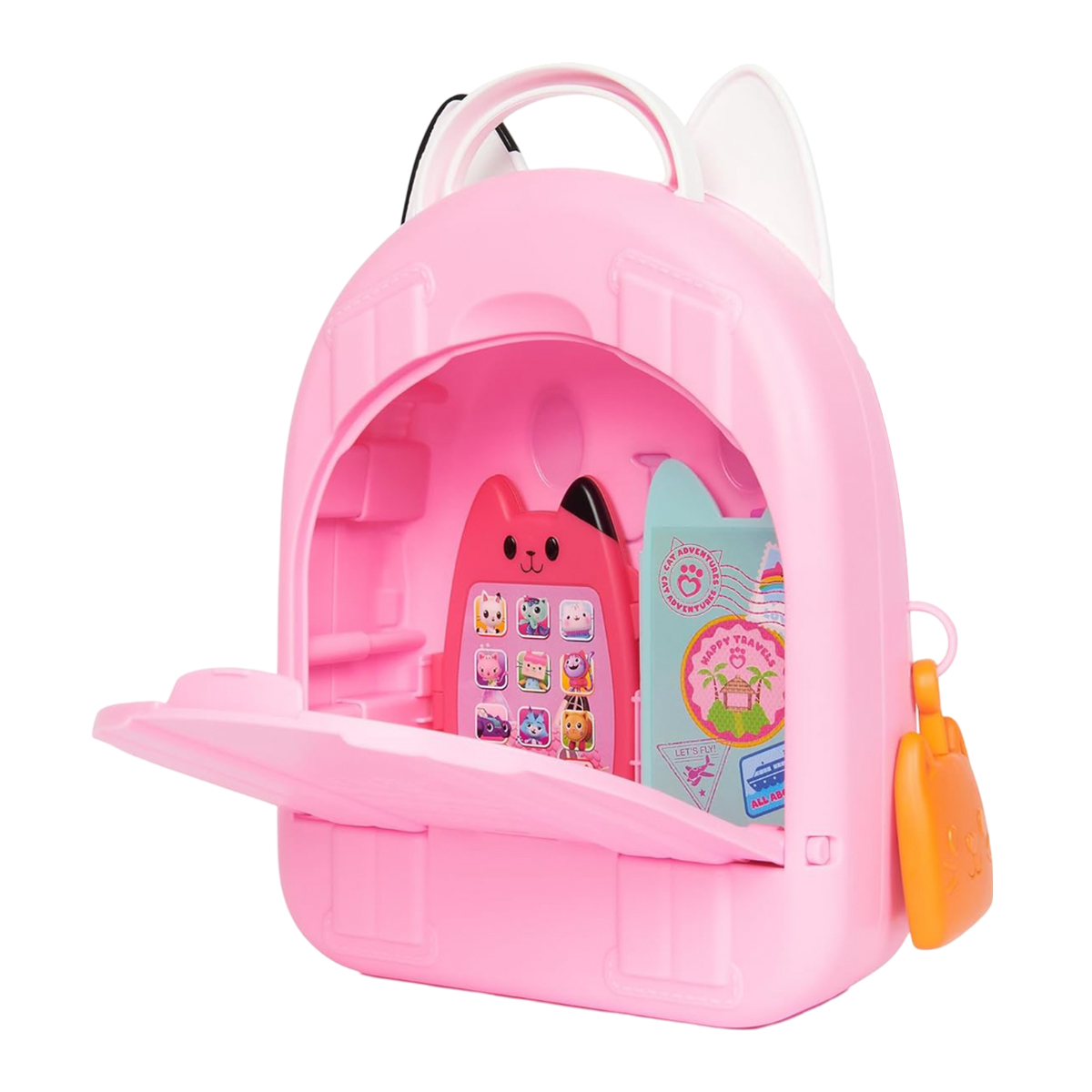Zaino rosa a forma di gatto con porta aperta e oggetti all'interno. È attaccata una piccola etichetta arancione.