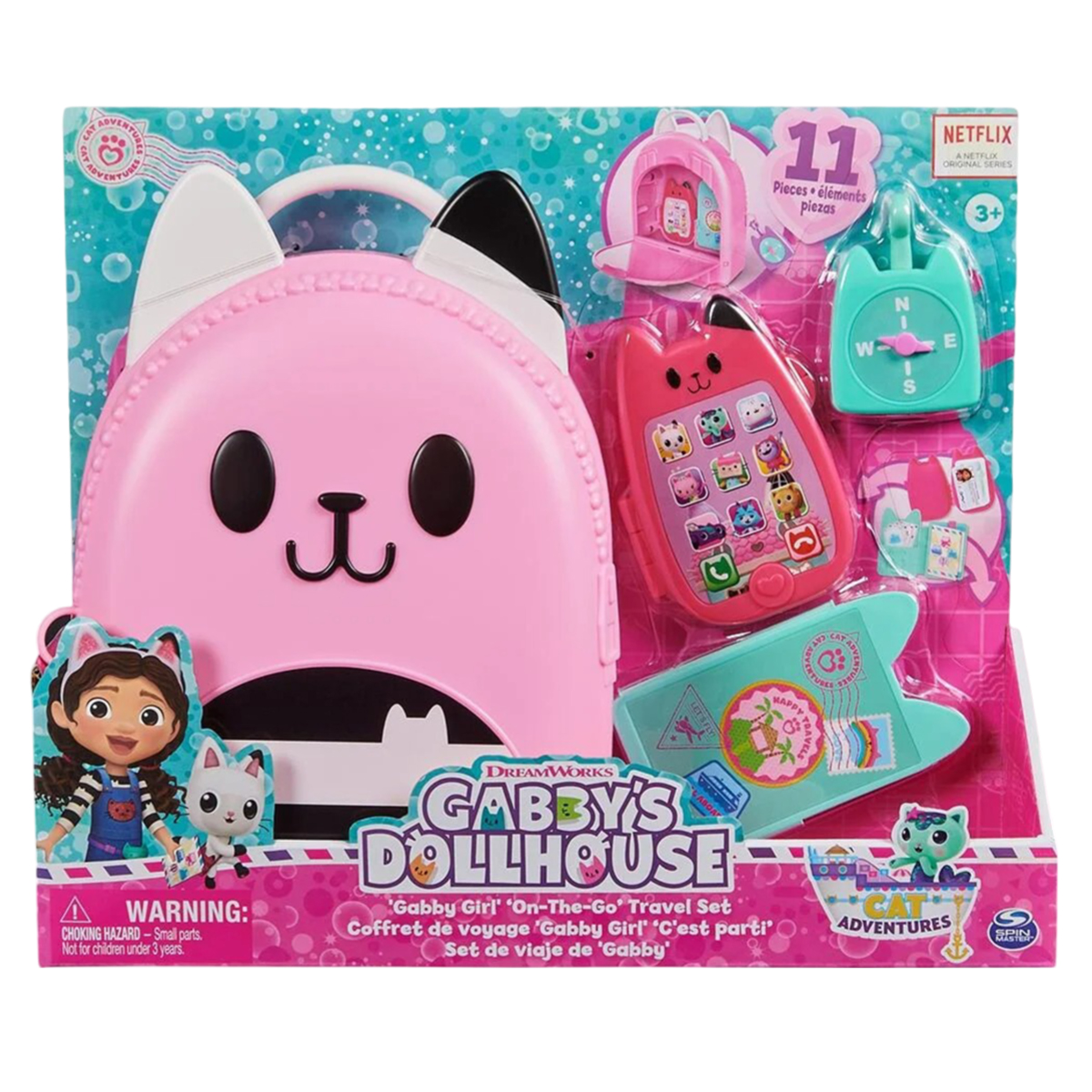 Set da viaggio Gabby's Dollhouse rosa con accessori. Zaino, telefono e bussola a tema gatto.
