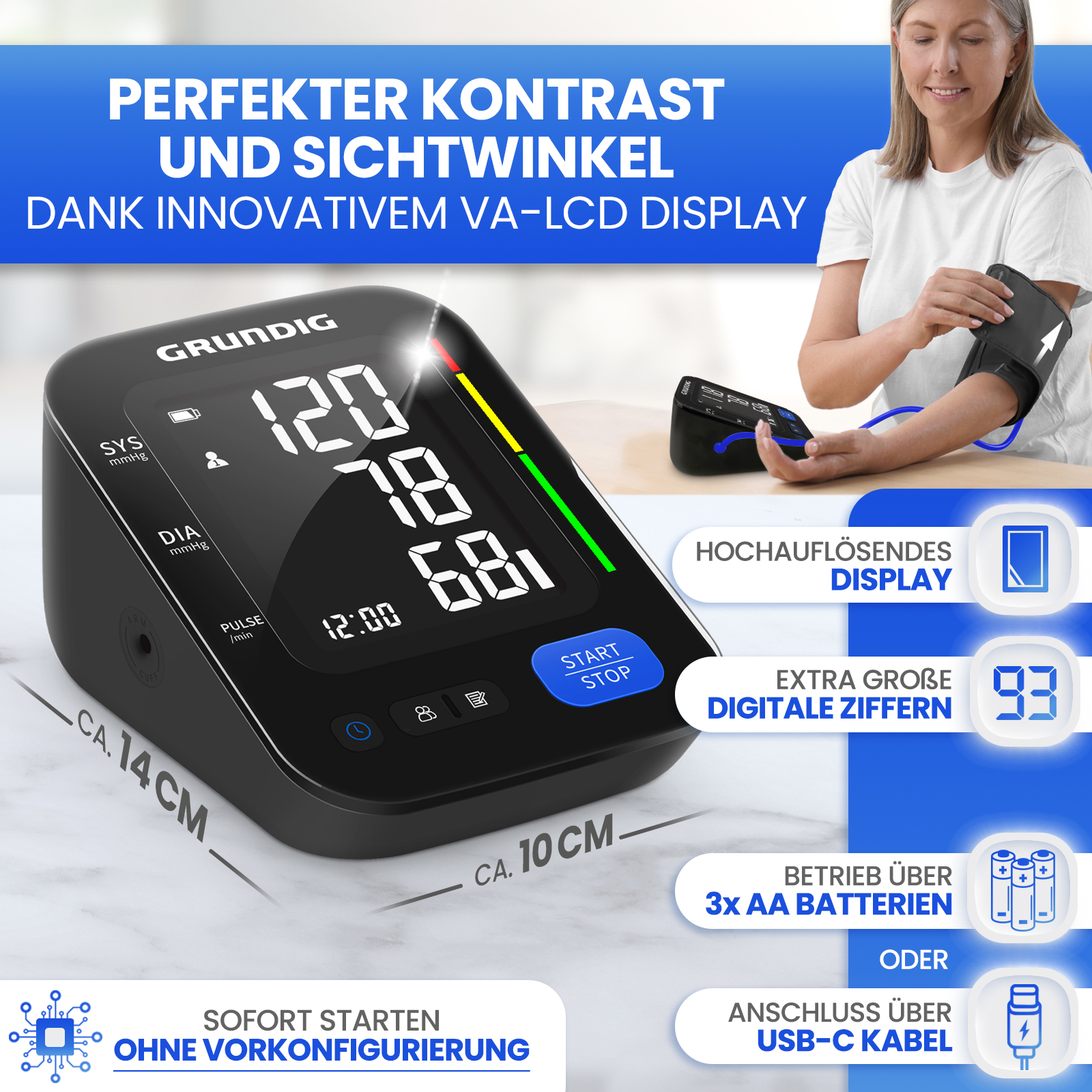 Digitales Blutdruckmessgerät mit Anzeige von 120/78 und 68 bpm. Es hat einen USB-Anschluss.