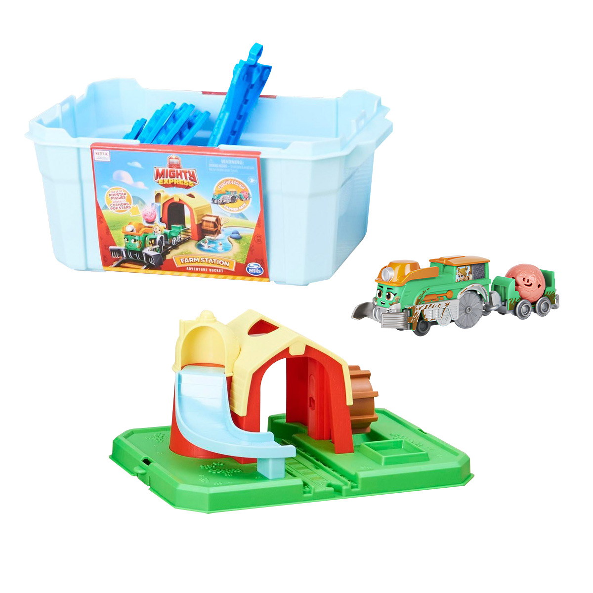 Spielzeugset mit Zug, Wasserrutsche und Behälter mit Deckel und Blöcken.