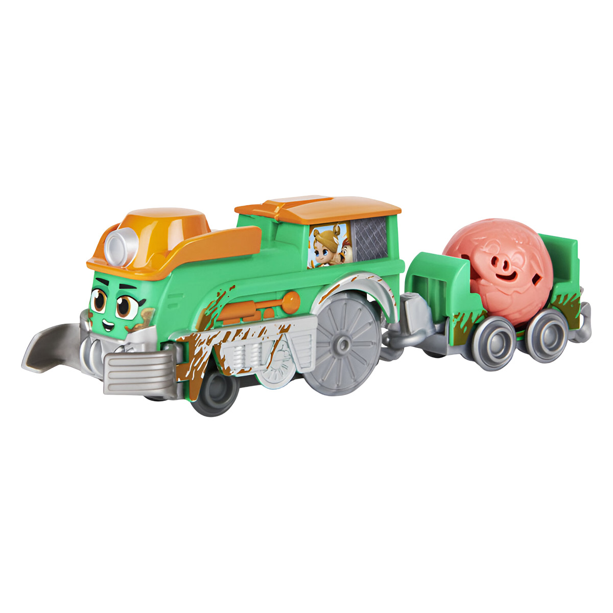 Ein grüner Spielzeugzug mit orangenem Dach und einem Wagen mit einem rosa Ball darin.