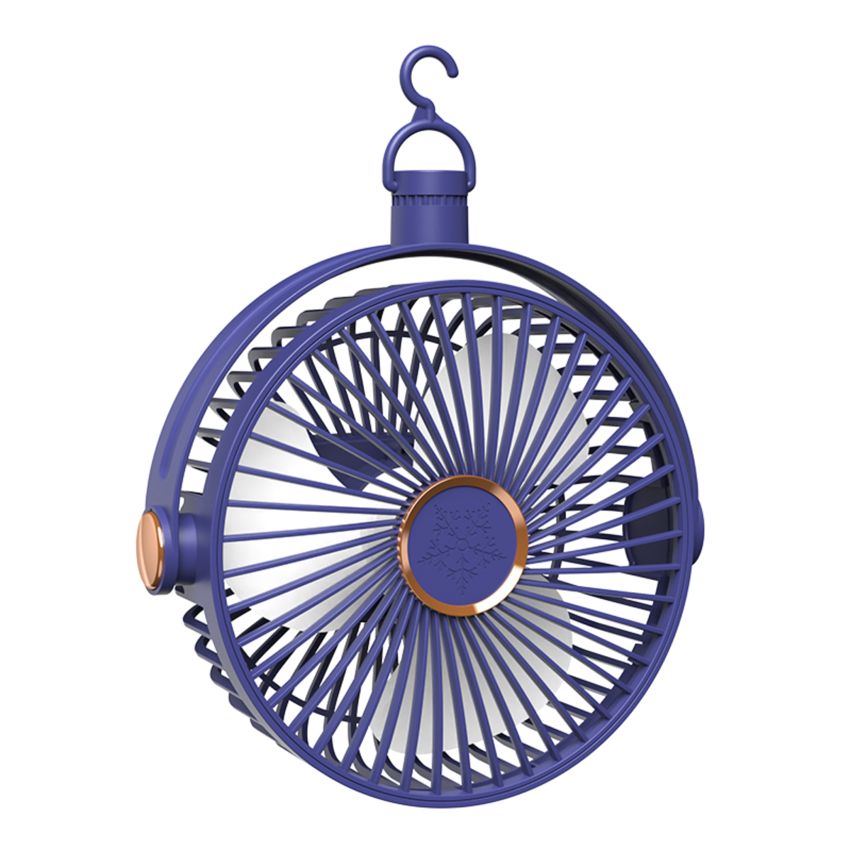 Runder blauer Ventilator mit Haken, weißen Flügeln und kupferfarbenem Zentrum.