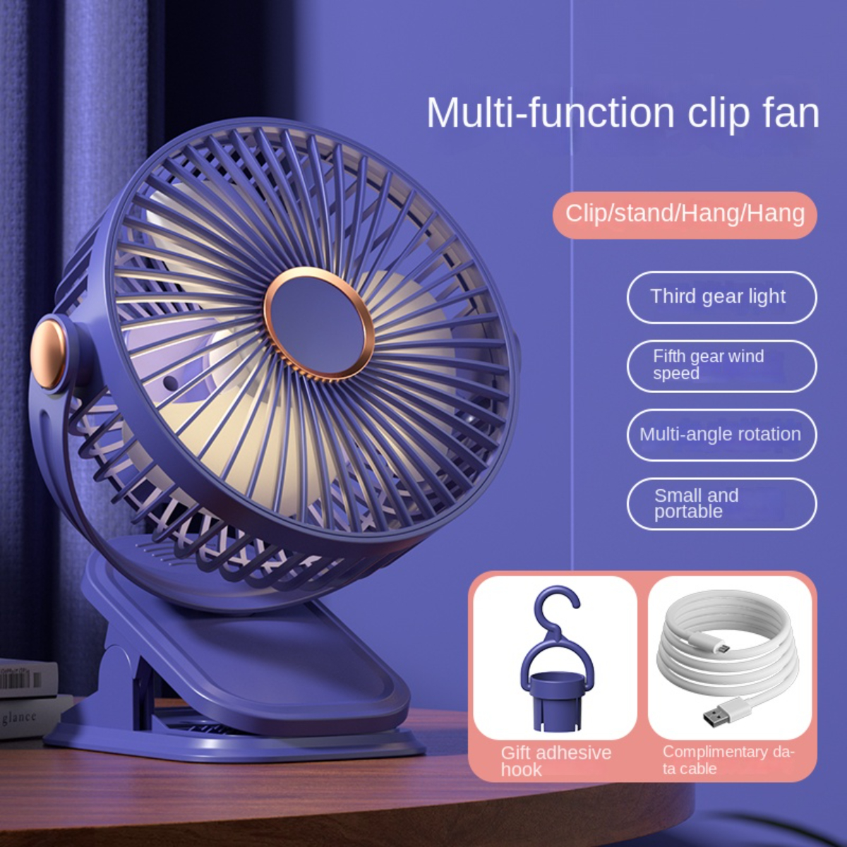 Ein blau-violetter Clip-Ventilator mit Haken, Kabel und Text über seine Funktionen.