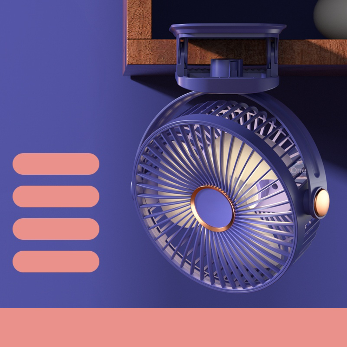 Blauer Ventilator, der von einer Holzoberfläche hängt. Der Ventilator hat goldene Akzente.