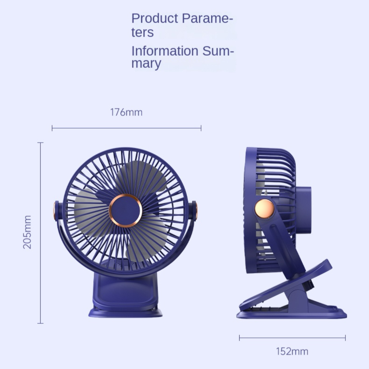Ein blauer Ventilator mit schwarzem Sockel. Der Ventilator wird von vorne und von der Seite gezeigt, mit Abmessungen in mm.