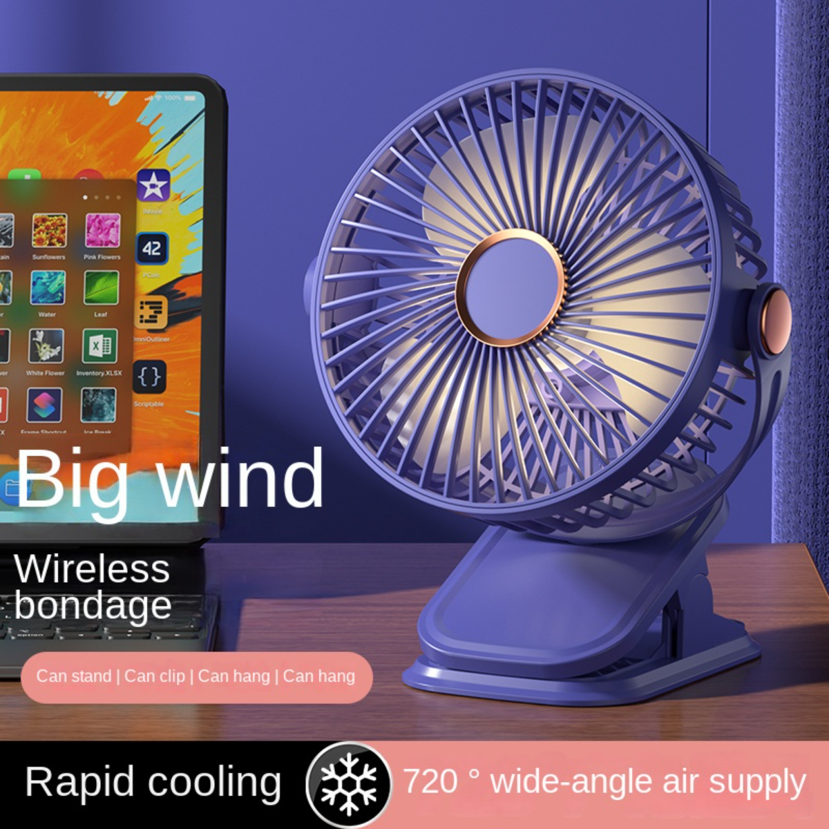 Blauer Ventilator mit Clip, Tablet mit App-Symbolen. Text: Großer Wind, kabellos.