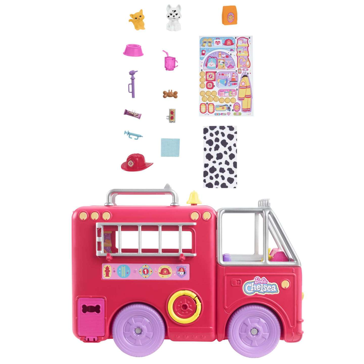 Autopompa giocattolo rosa con accessori: animaletti, adesivi e attrezzi giocattolo. Sfondo bianco.