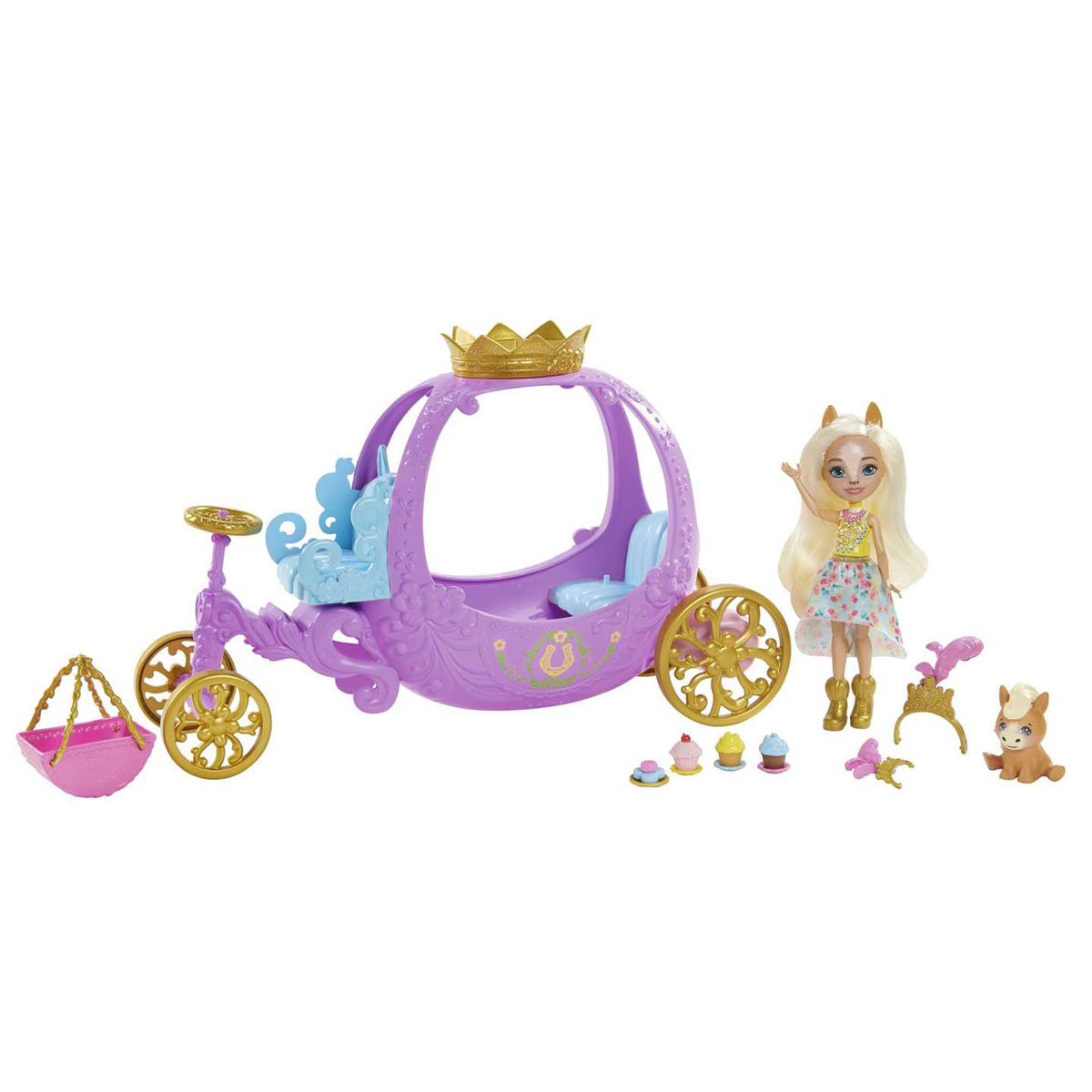 Una carrozza giocattolo con una bambola principessa, un cavallo e accessori come cupcake e corone.