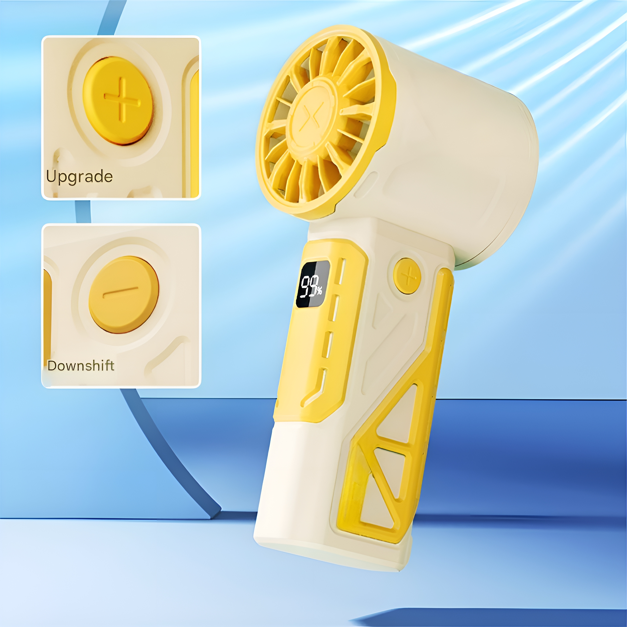 Ein weiß-gelber Handventilator. Zeigt Auf- und Abwärtstasten. Ein digitales Display zeigt 99% an.