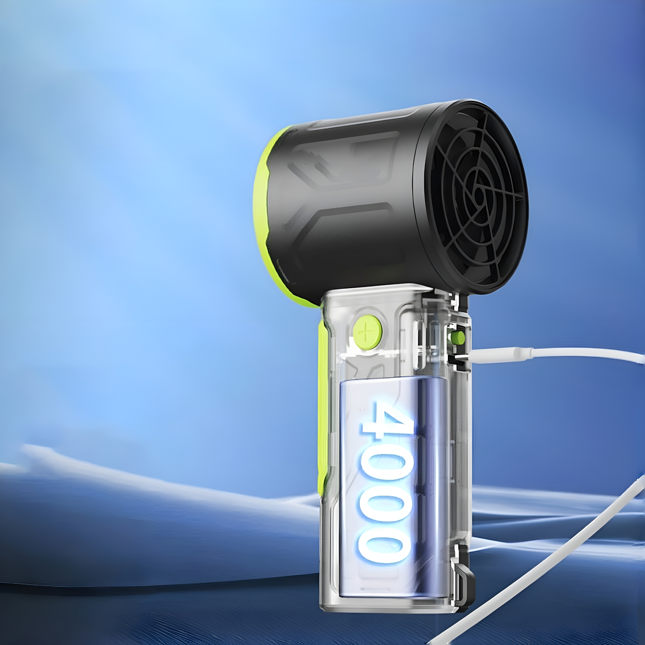 Ein tragbarer Ventilator mit einem schwarz-grünen Design. Es hat eine Batterieanzeige.