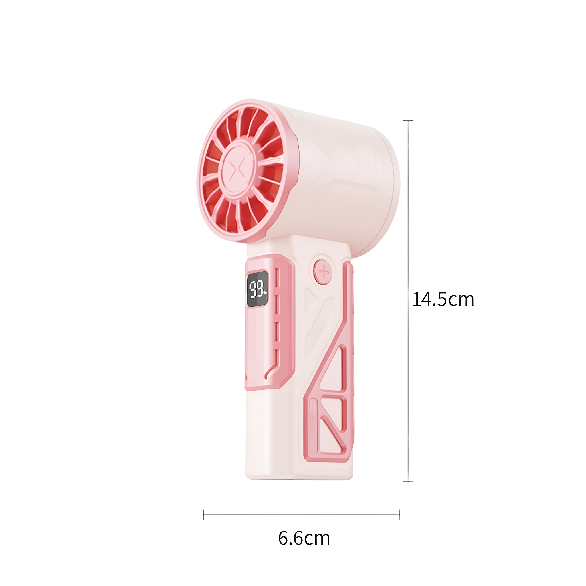 Ein rosa-weißer Handventilator mit Digitalanzeige, der Messungen zeigt.
