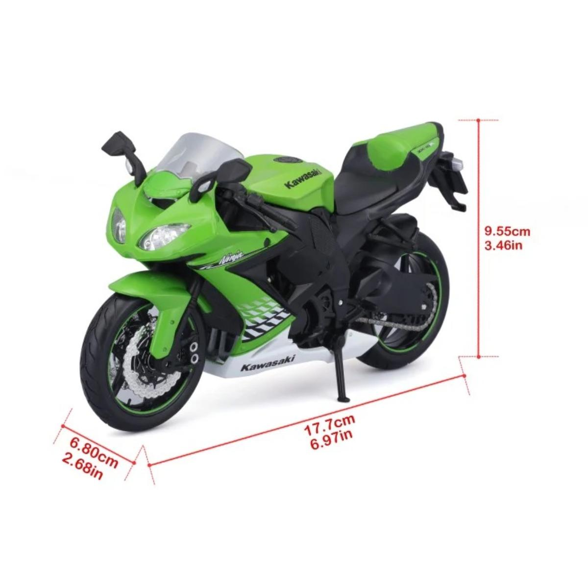 Ein grünes Kawasaki Ninja Modellmotorrad. Es hat Abmessungen, die mit roten Linien und Text markiert sind.