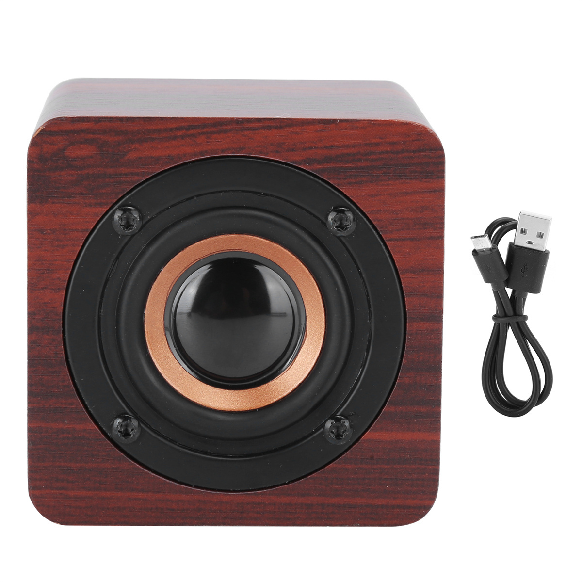 Holzwürfelförmiger Lautsprecher mit schwarzem Lautsprecher und USB-Kabel.