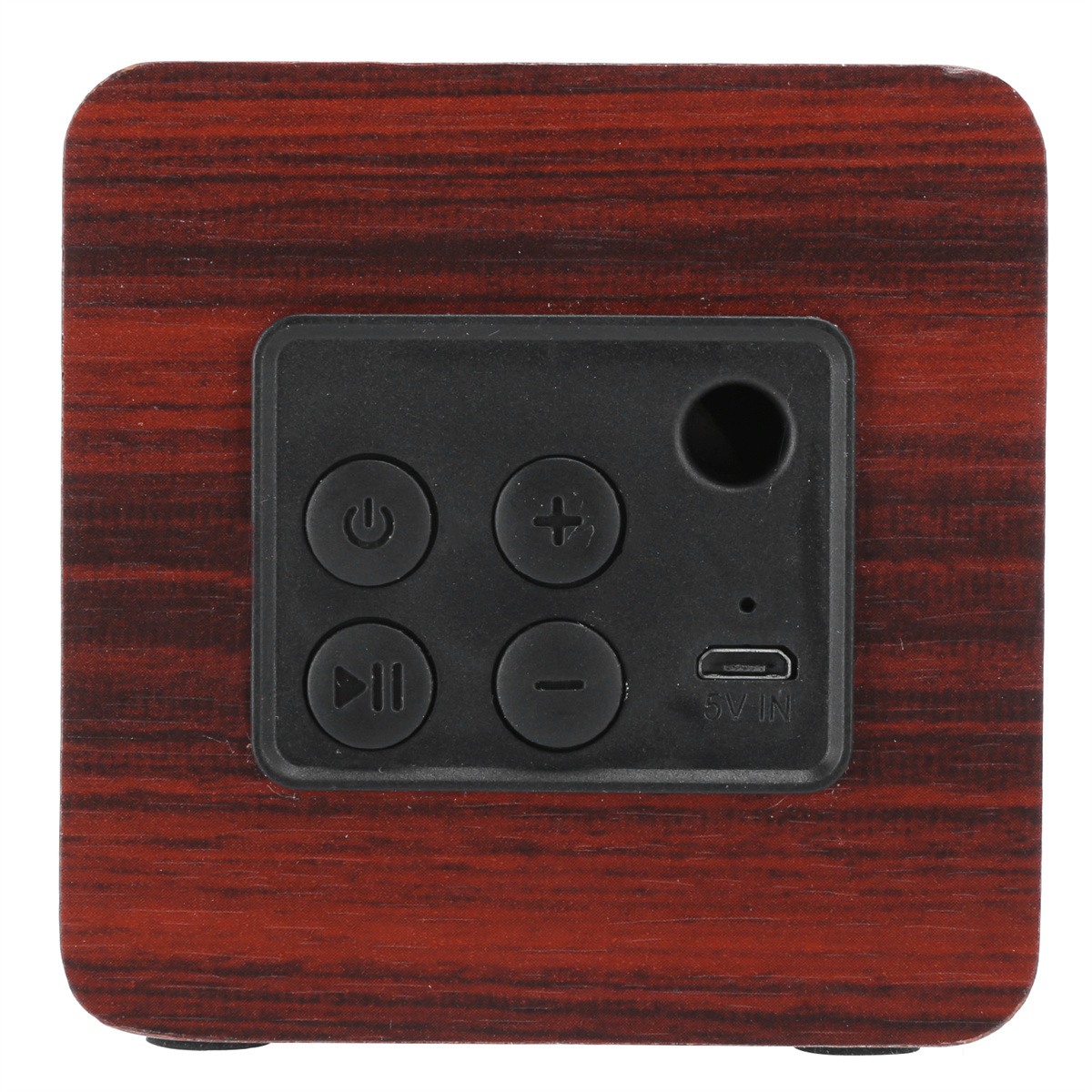 Holzlautsprecher mit schwarzem Bedienfeld. Verfügt über Ein-/Aus-, Play- und Lautstärketasten, einen USB-Anschluss.