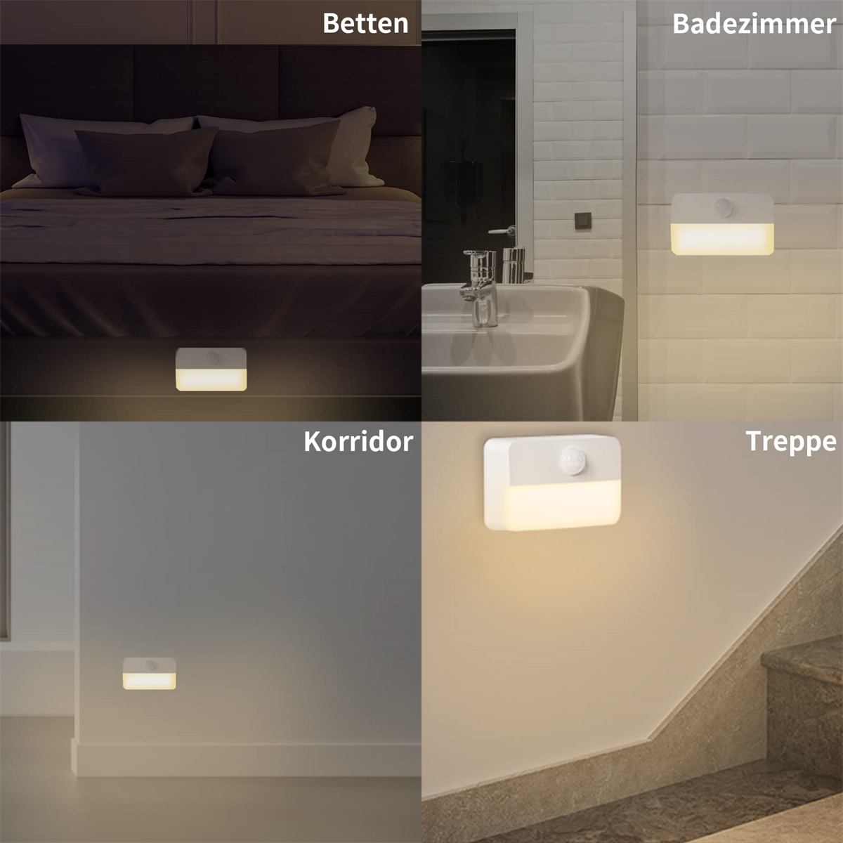 Vier Szenen: Schlafzimmer, Badezimmer, Flur und Treppe, jeweils mit Nachtlicht.