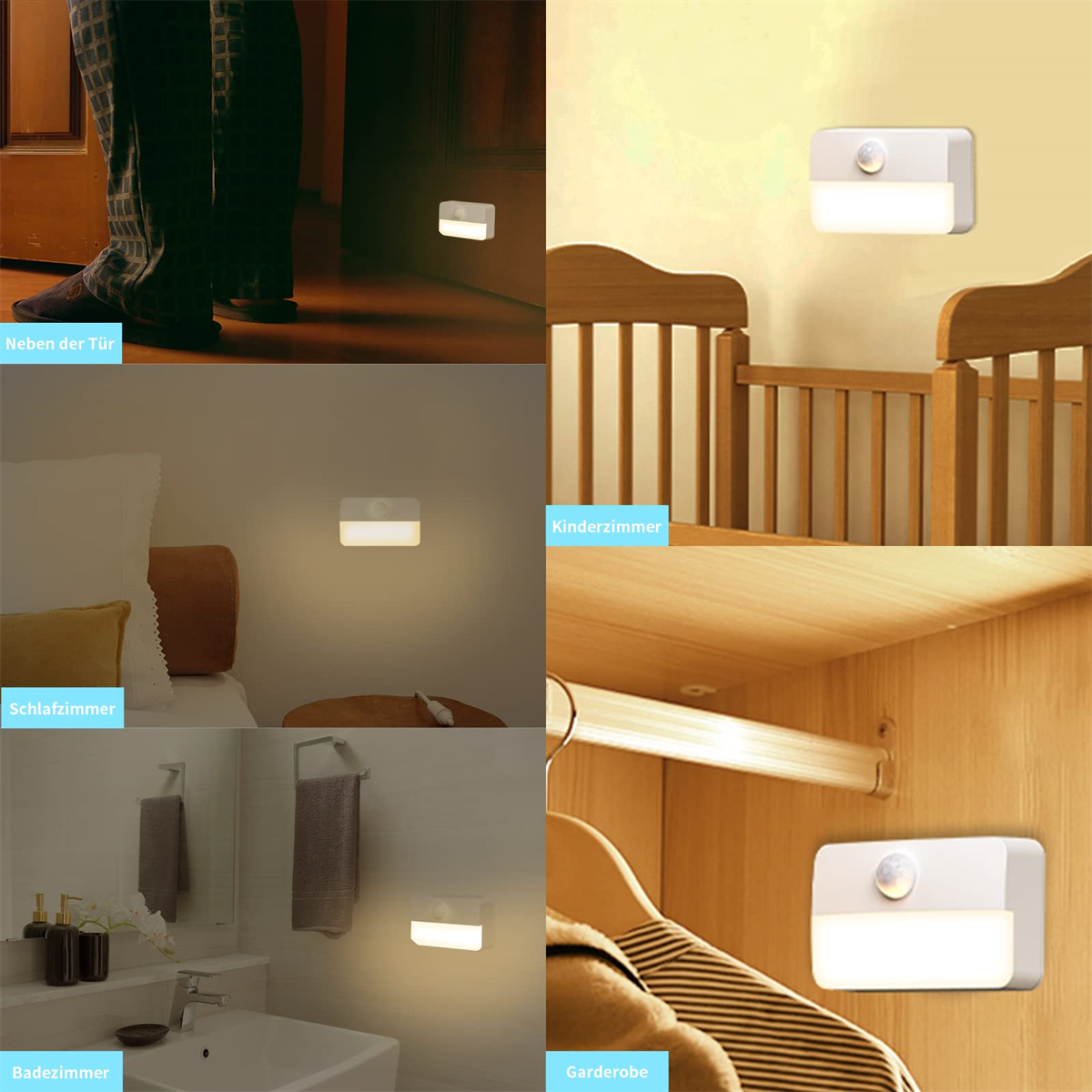 Mehrere Bilder zeigen Bewegungssensorleuchten in verschiedenen Heimsettings: Schlafzimmer, Garderobe etc.