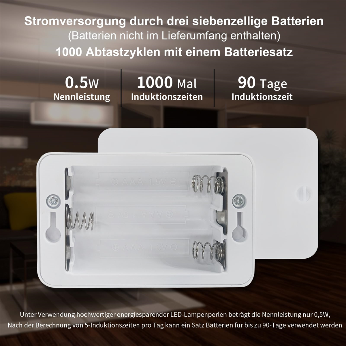Weißes Batteriefach mit drei AAA-Batterien. Text auf Deutsch. Weißer Hintergrund.