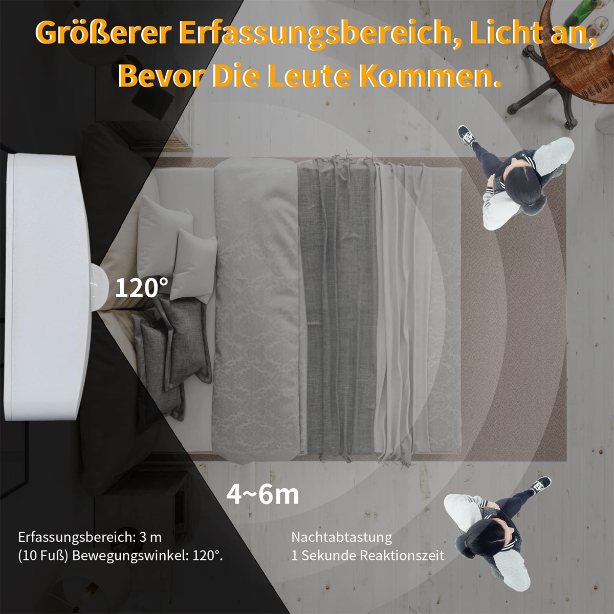 Zwei Personen stehen, Sicherheitslicht beleuchtet das Bett.