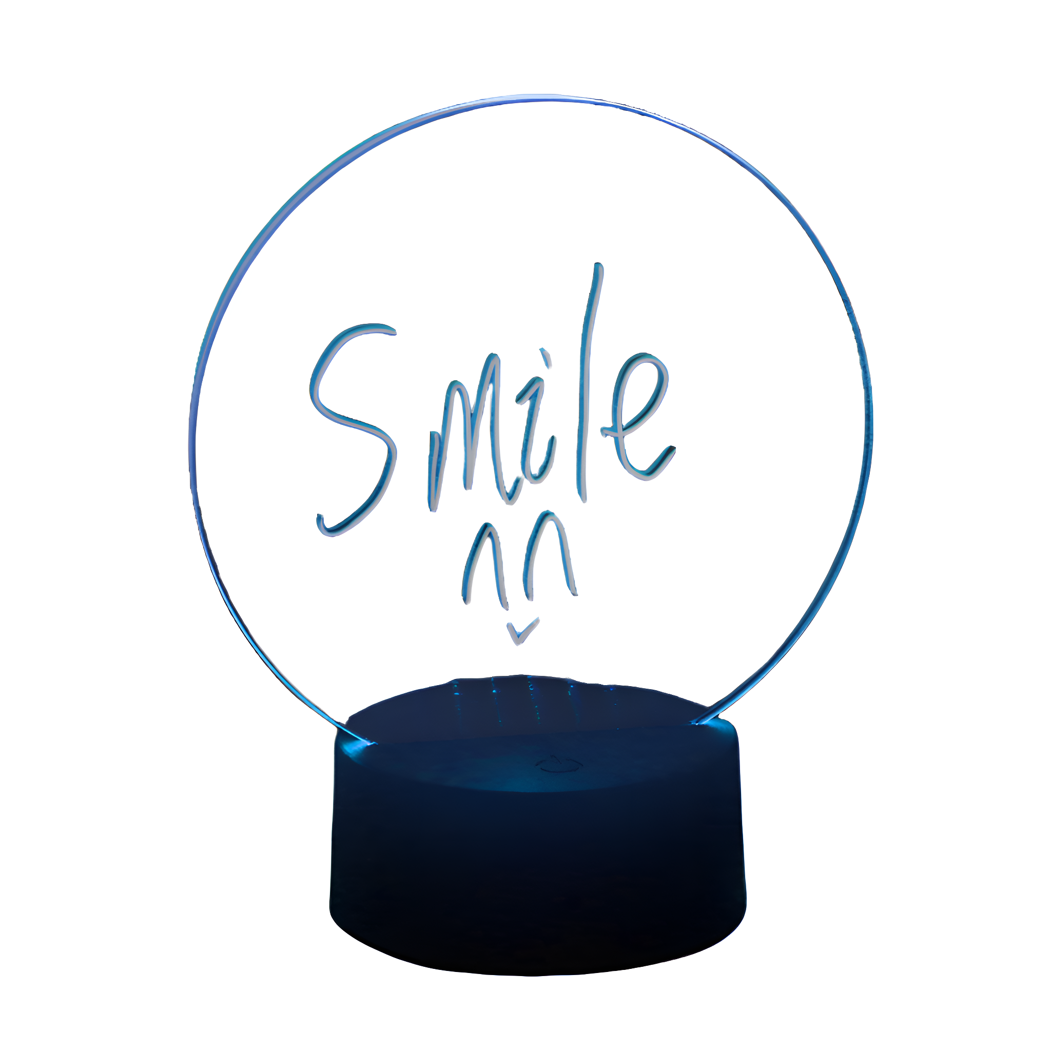 Ein Neon-Schild mit dem Wort 'Smile' und einem Emoji auf schwarzem Sockel.