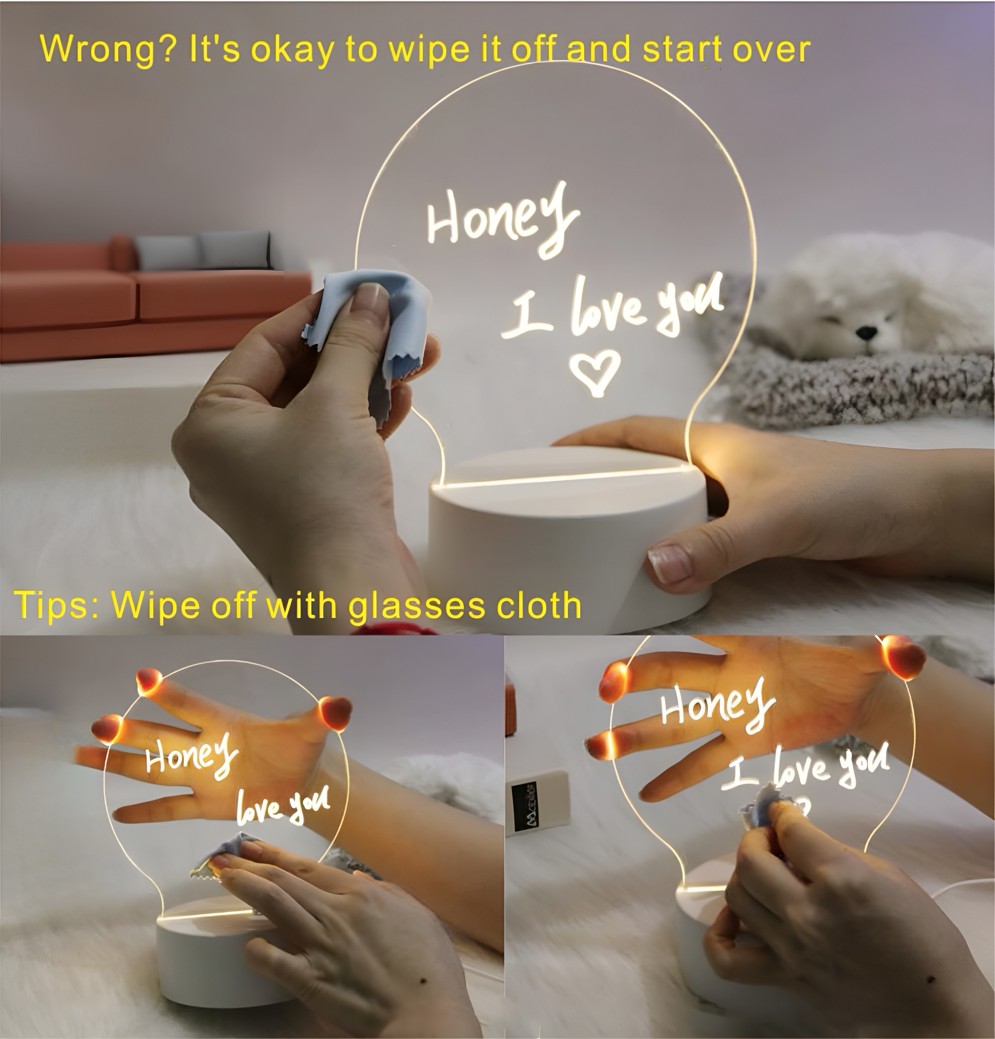 Person schreibt auf eine glühbirnenförmige Acrylplatte. Die Worte 'Honey, I love you' sind geschrieben.