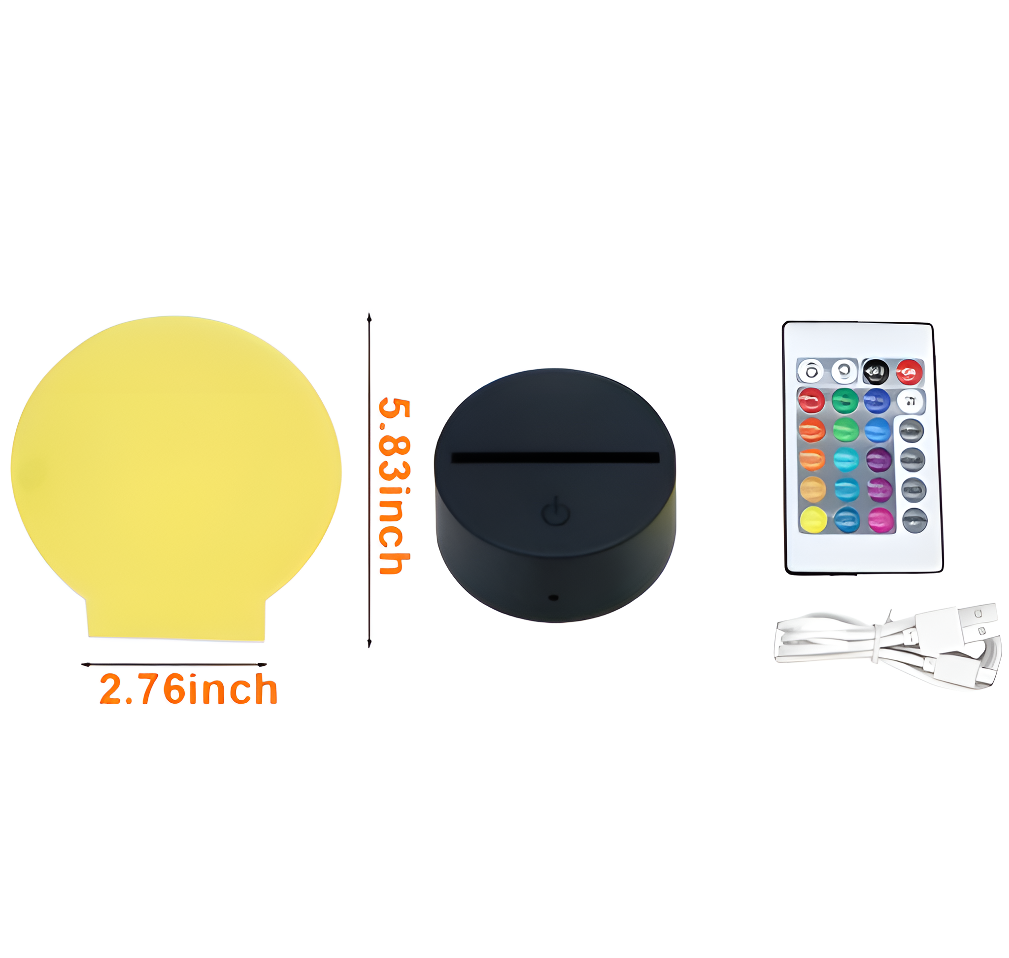 Gelbe runde Lichtbasis, schwarze Basis, Fernbedienung und USB-Kabel auf weißem Untergrund.