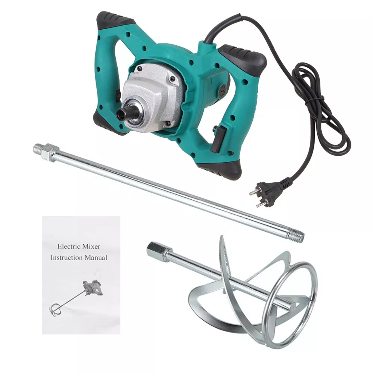 Ein elektrischer Mixer mit grünem Griff und silbernem Mixaufsatz. Handbuch und Teile sind ebenfalls abgebildet.