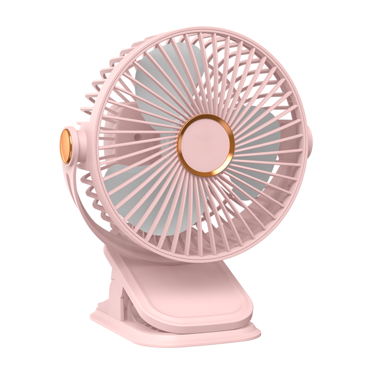 Rosa tragbarer Ventilator mit Clip, goldenen Akzenten und Lüfterflügeln.