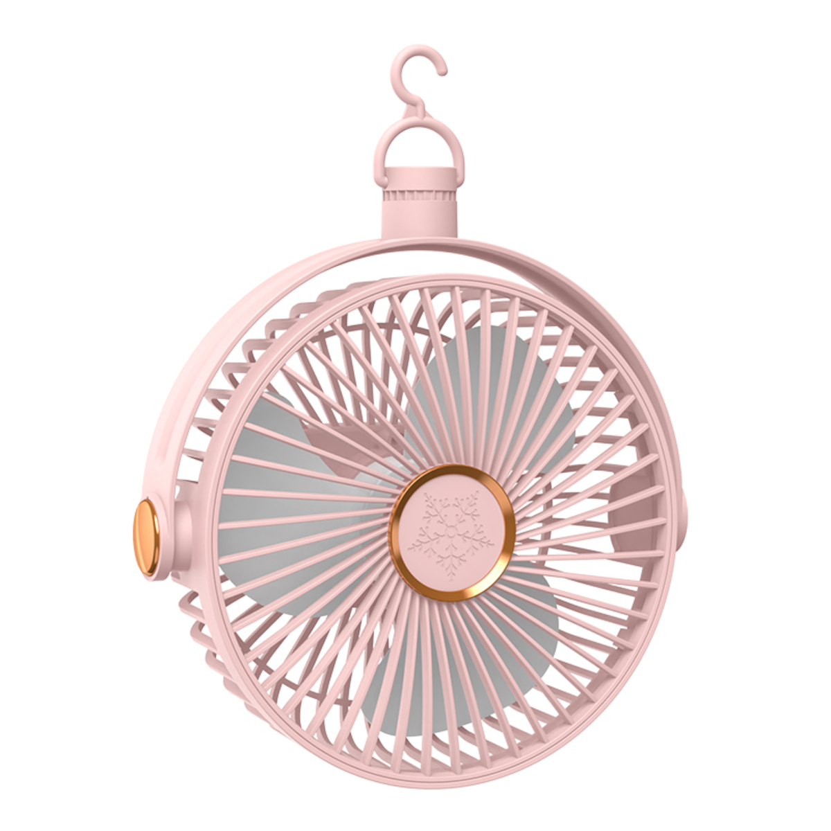 Ein rosa tragbarer Ventilator mit Haken, mit einem Lüfterrad und goldenen Akzenten.
