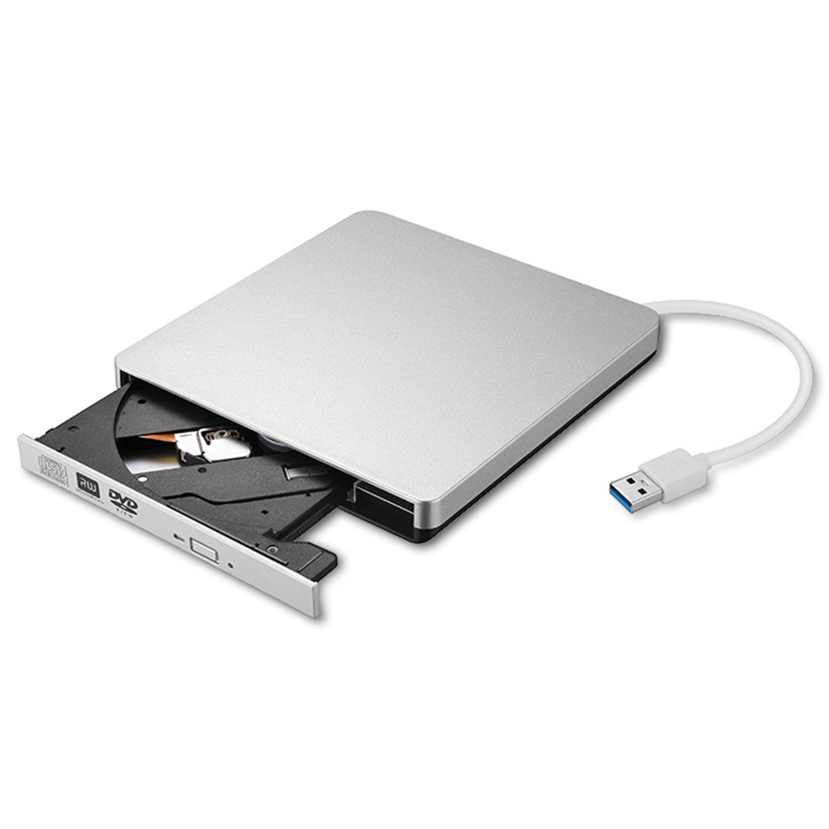 Silberner DVD-Player mit USB-Kabel. Eine Disc ist eingelegt.