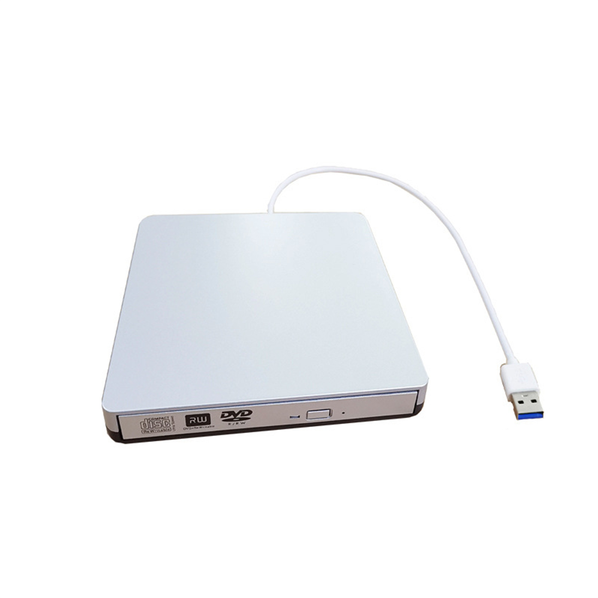 Silbernes externes DVD-Laufwerk mit weißem USB-Kabel verbunden. Weißer Hintergrund.