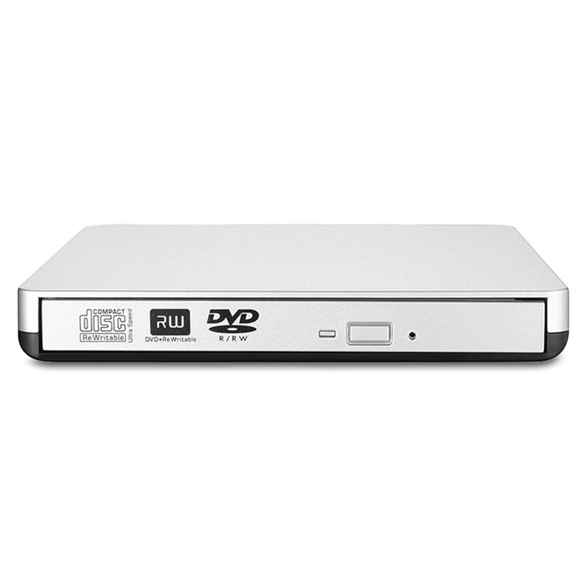 Silbernes und schwarzes externes DVD-Laufwerk. Das Laufwerk hat ein Compact Disc- und DVD-Logo.