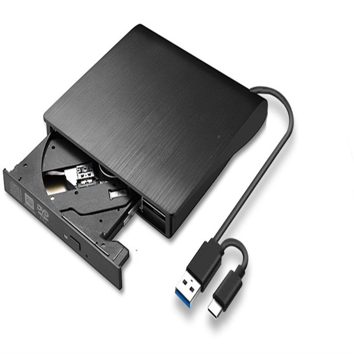 Ein schwarzes, tragbares DVD-Laufwerk mit offenem silbernen DVD-Fach. USB-Kabel sind angeschlossen.