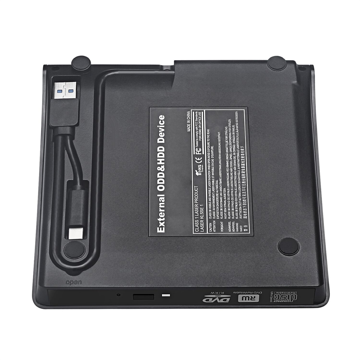 Schwarzes externes DVD/HDD-Gerät mit USB-Kabel, Text unten. Weißer Hintergrund.