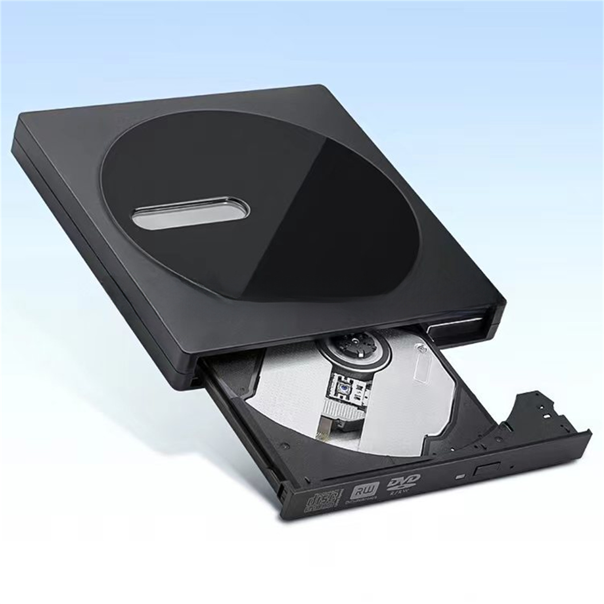 Schwarzes externes DVD-Laufwerk. Das Laufwerk ist geöffnet und zeigt eine silberne Disc.