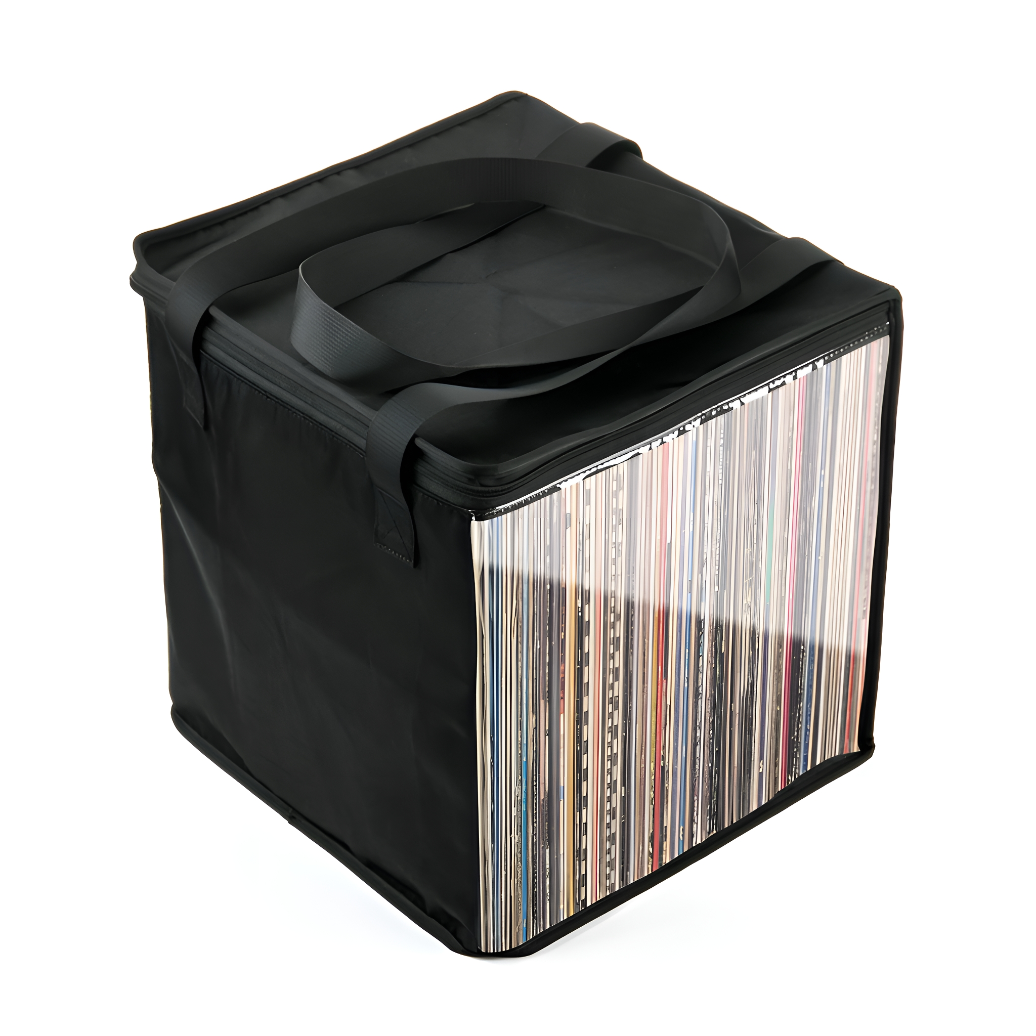 Eine schwarze Schallplattentasche mit durchsichtiger Vorderseite, die Platten im Inneren zeigt.