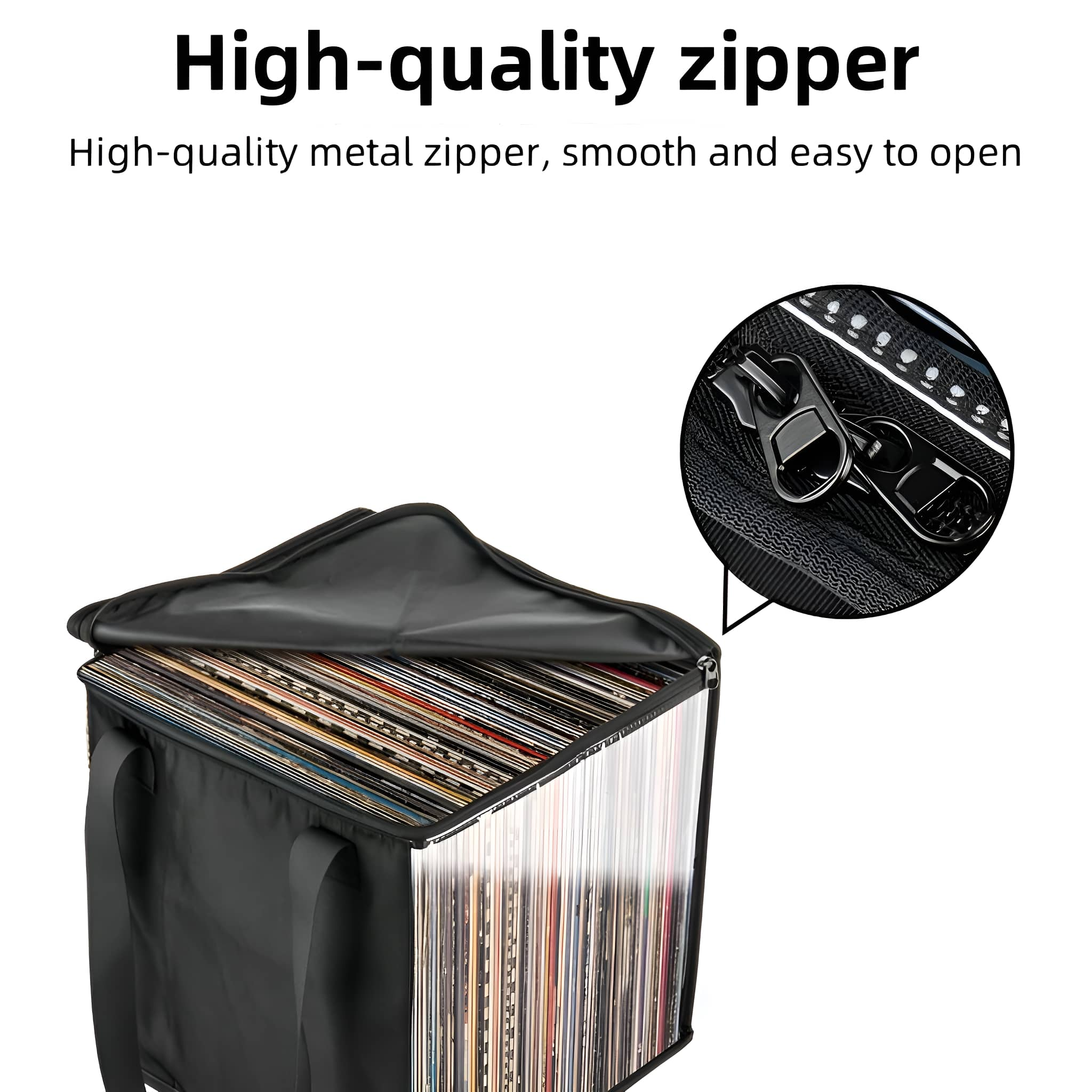 Schwarze Schallplattentasche mit Reißverschluss und Platten.