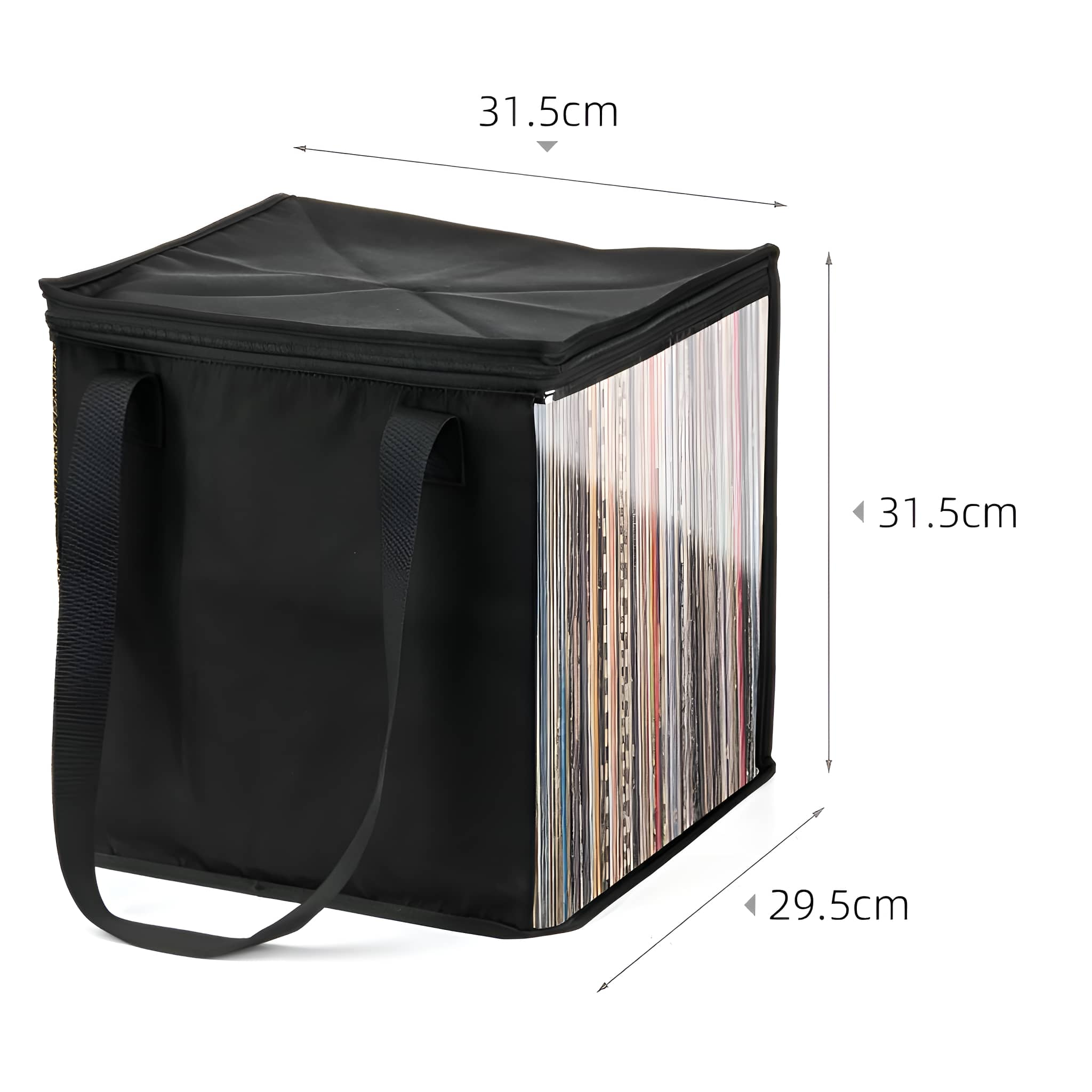 Eine schwarze Vinyl-Aufbewahrungstasche mit Maßangaben in Zentimetern.