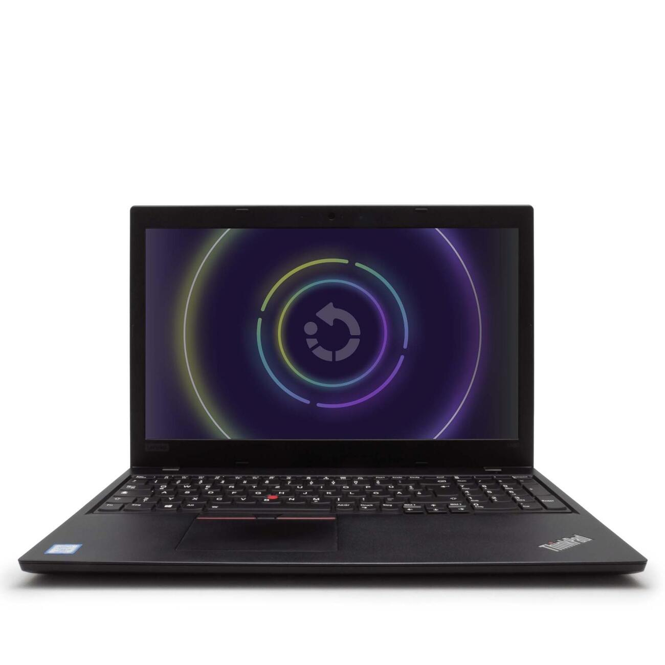 Ein schwarzer Laptop, der einen Bildschirm mit einer farbenfrohen, kreisförmigen Ladeanimation anzeigt.