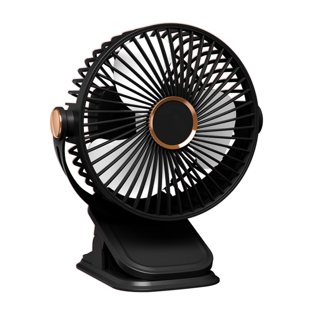 Schwarzer und roségoldener Ventilator mit Clip. Weiße Flügel und schwarzer Sockel.