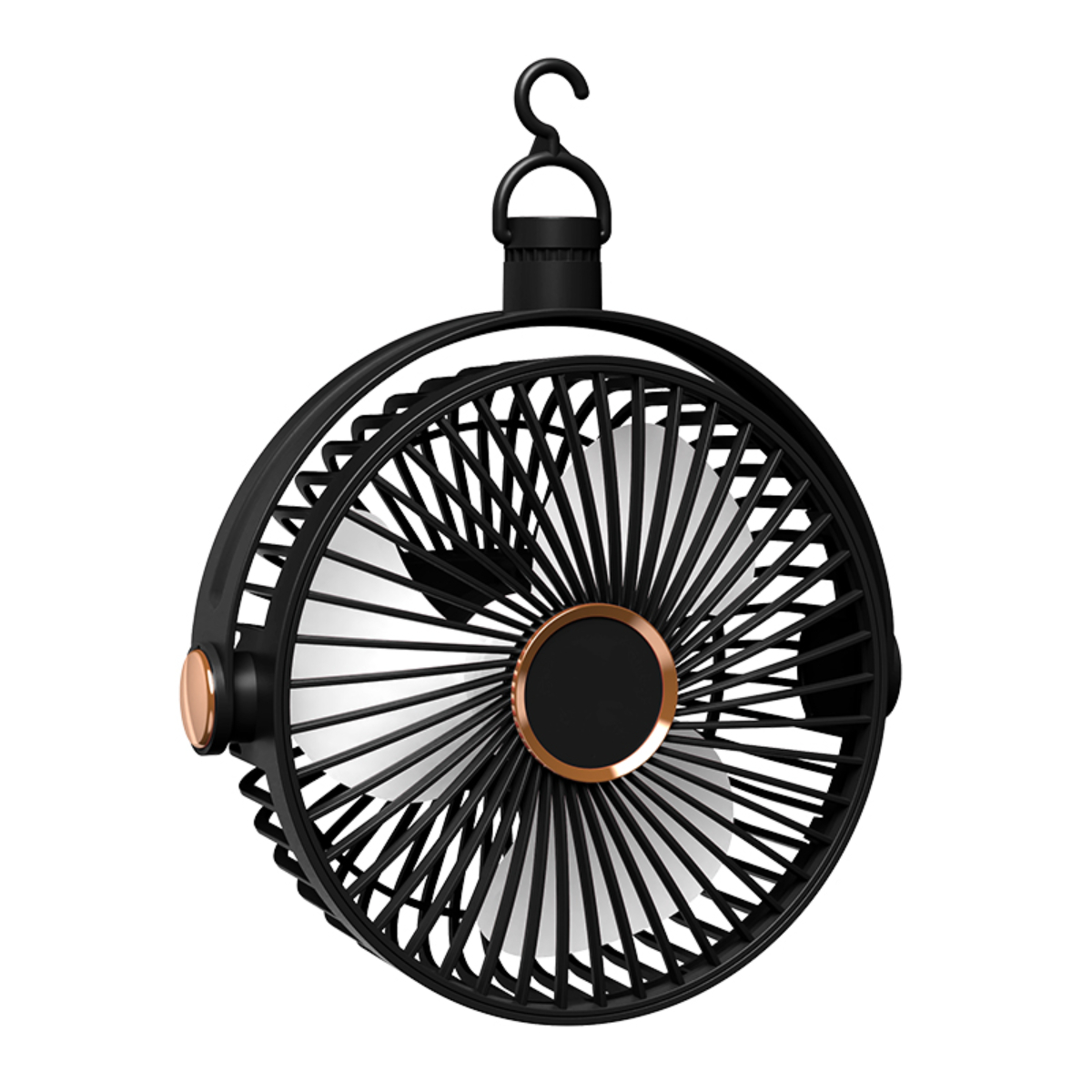 Schwarzer Hängeventilator mit roségoldenen Akzenten.