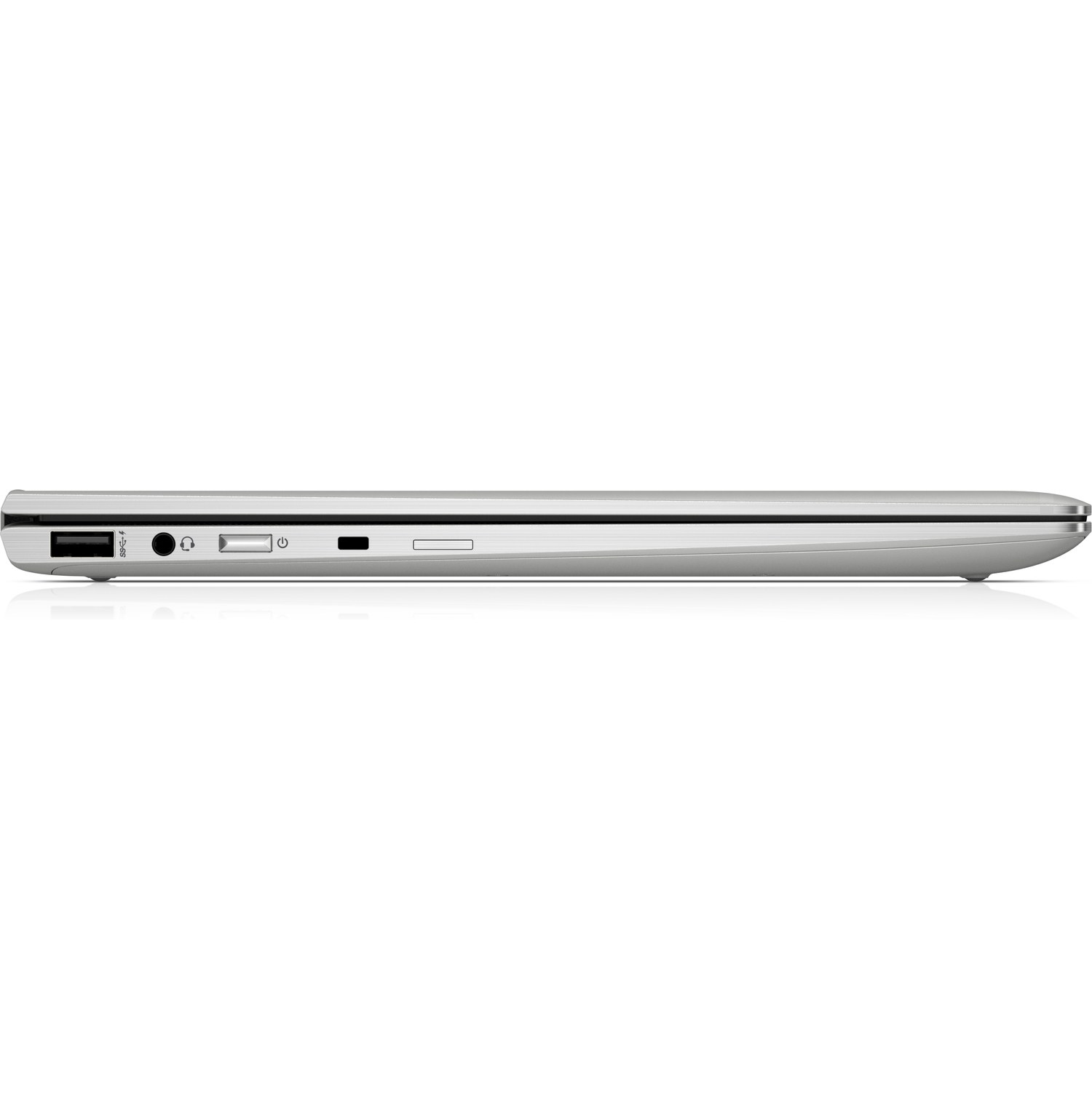 Seitenansicht eines silbernen Laptops, der Anschlüsse und ein elegantes Design zeigt.